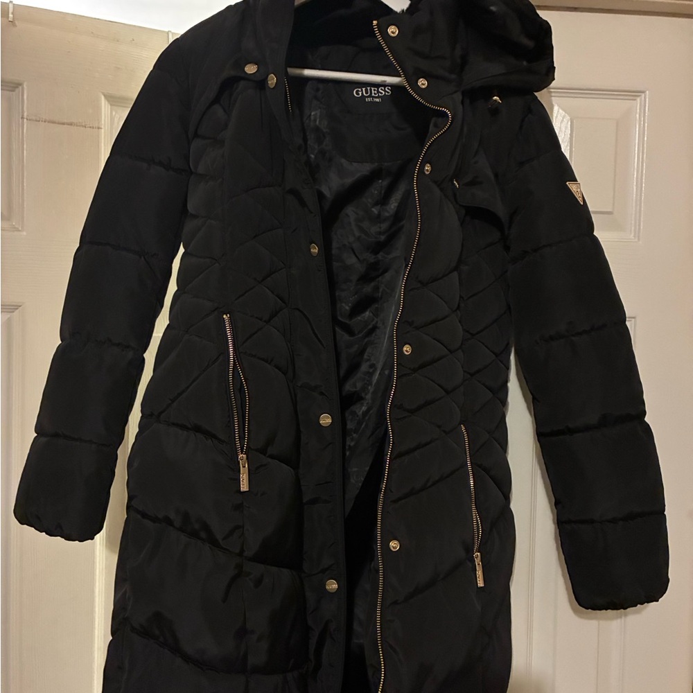 GUESS Women's Black Puffer Coat with Gold Accents